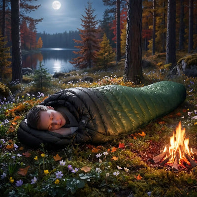 printemps pres lac elle dort dans sac de couchage duvet d'oie ultraleger noir