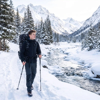 Jeune homme marchant près d'un torrent avec son Sac à dos randonnée Qidian Pro 56 L en hiver