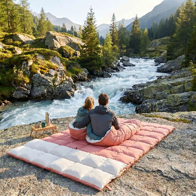 Couple dans un sac de couchage double enveloppe admirant le torrent.