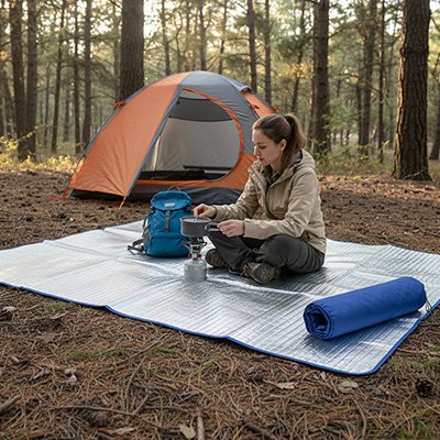 Assise sur son tapis de sol pour camping, devant sa tente, elle réchauffe du bouillon.
