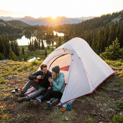 Un couple prend un café devant une tente de camping ultra-légère, au lever du soleil.