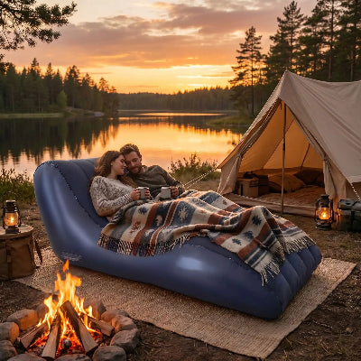couple installe sur canape gonflable velours en camping