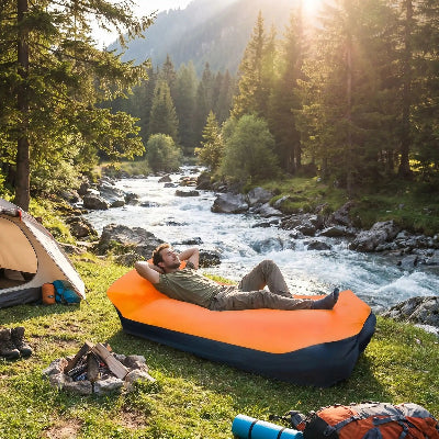 cote du torrent homme etendu sur canape gonflable insta detente orange