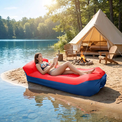 pres du lac femme etendue sur canape gonflable insta detente rouge
