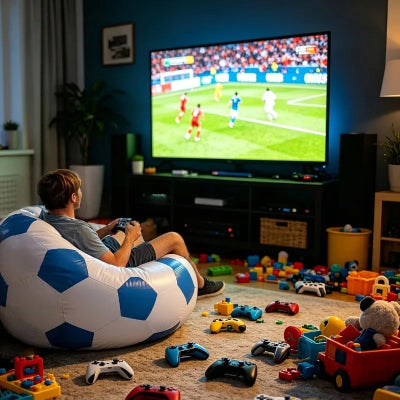 Jeune garçon regardant un match de foot à la télévision, sur un canapé gonflable match foot.
