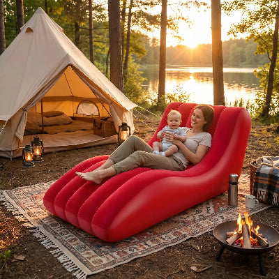mere et bebe installes sur canape gonflable velours camping