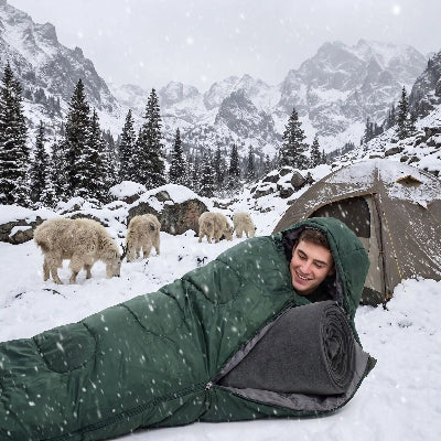 dans son sac de couchage doublure chauffage appoint dans neige avec chevres