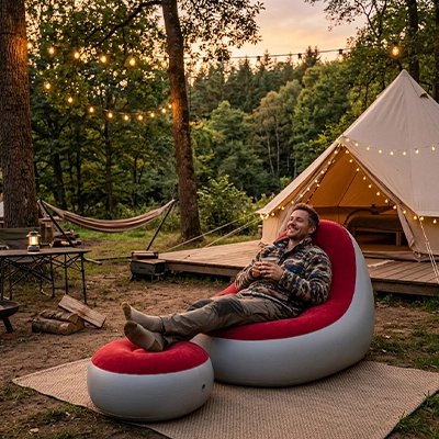 En camping, un homme relaxe sur son fauteuil gonflable confort total, les pieds sur le pouf qui l'accompagne.