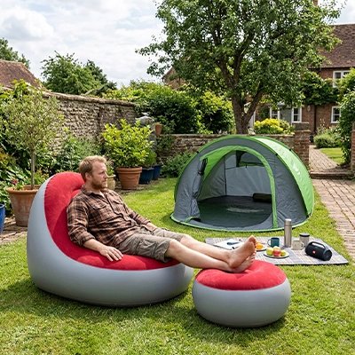 Dans son jardin, un homme se repose sur son fauteuil gonflable confort total.