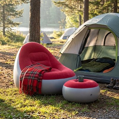 En camping, un fauteuil gonflable confort total avec son pouf.