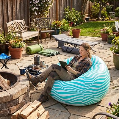 femme kit dans fauteuil gonflable patio 
