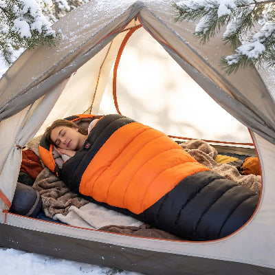 une femme dort dans sac de couchage chauffant thermix hiver