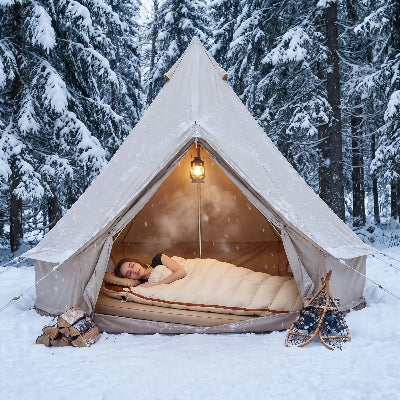 femme dort dans tente dans sac de couchage duvet cocon moelleux hiver