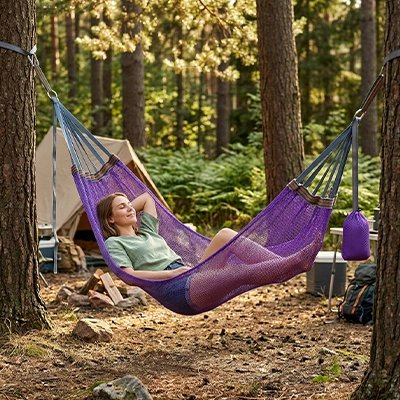femme dort hamac suspendu mauve foret