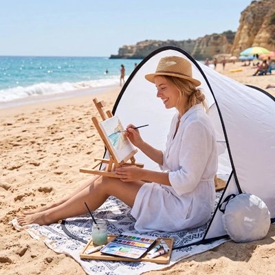 Femme peignant dans sa Tente pour la plage blanche