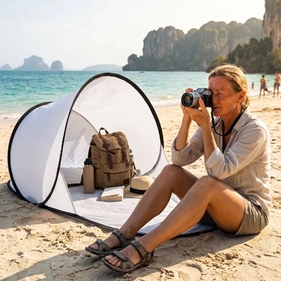 Femme prenant photos devant Tente pour la  plage blanche