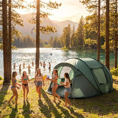 jeunes filles ballon devant tente de camping forme bateau pop-up 3 min bord lac