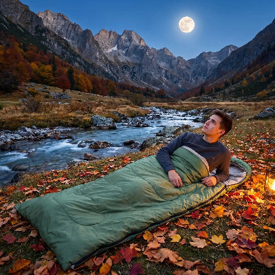 homme dans sac de couchage ultra leger regarde pleine lune