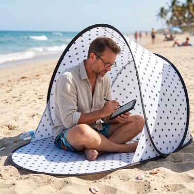 Homme écrit sur tablette dans Tente pour la plage étoilée
