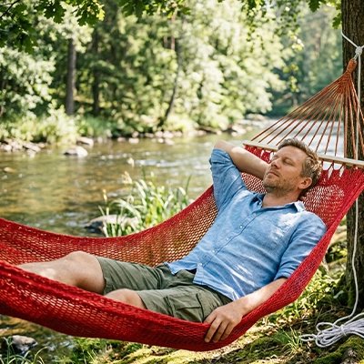 homme endormi hamac suspendu rouge