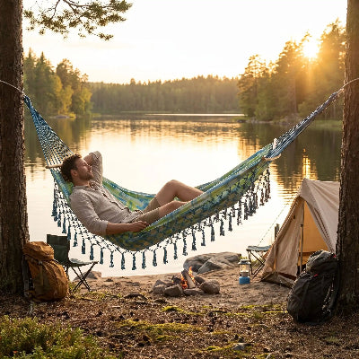 homme hamac suspendu camping boheme robuste lac
