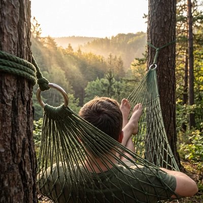 Homme installé dans son Hamac observant la nature au loin