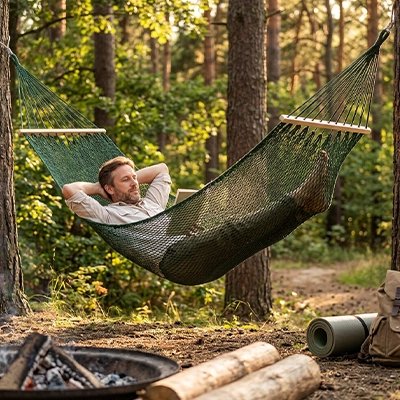 homme lit dans hamac suspendu foret