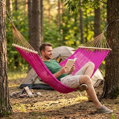 homme lit sur hamac suspendu rose 
