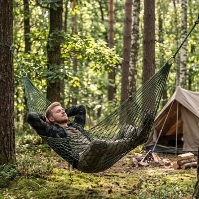 Homme se reposant dans son Hamac, suspendu dans la forêt