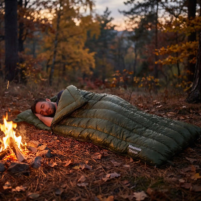 homme dort dans sac de couchage 3 saisons foret automnale