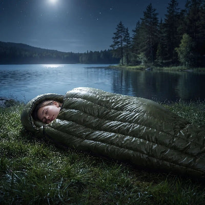 jeune femme dort dans sac de couchage 3 saisons bord du lac