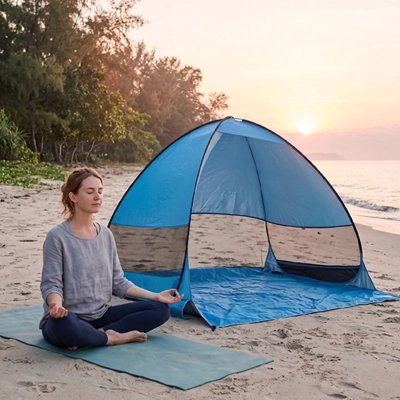 Jeune femme en position de yoga près sa Tente de plage Bonheur