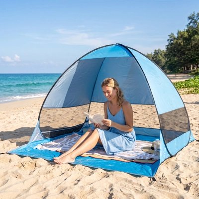 Jeune femme lisant sous sa Tente de plage Bonheur
