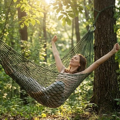 Jeune femme s'étire dans son Hamac suspendu dans la forêt