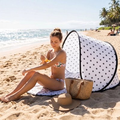 Jeune se faisant bronzer devant Tente pour la dplage étoilée