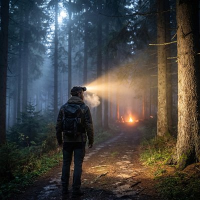Il marche en forêt avec lampe frontale confort puissant en automne