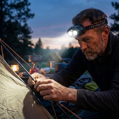 Il fixe un hauban de sa tente et porte sa lampe frontale confort puissant