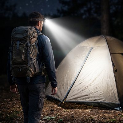 Il arrive à sa tente avec sa lampe frontale confort puissant