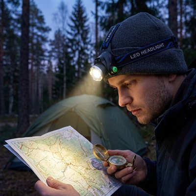 homme consulta sa carte avec sa lampe frontale endurance