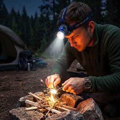 homme en camping allume feu et porte lampe frontale endurance
