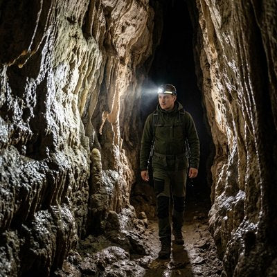 Homme dans grotte avec lampe frontale étanche longue autonomie