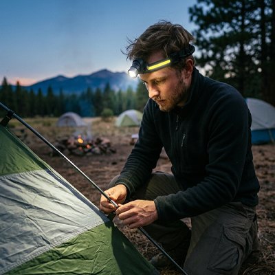 Il ajuste son hauban avec lampe frontale étanche longue autonomie.