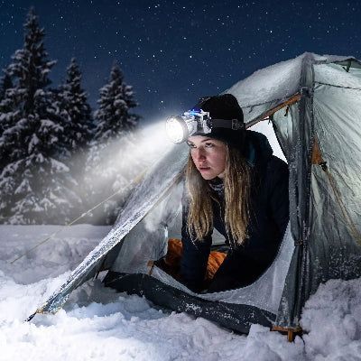 jeune femme sort de tente avec sa lampe frontale longue duree