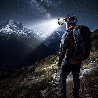 homme voit montagnes au loin avec sa lampe frontale longue durée.