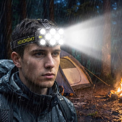 il regarde au loin dans la pluie avec sa lampe frontale puissante