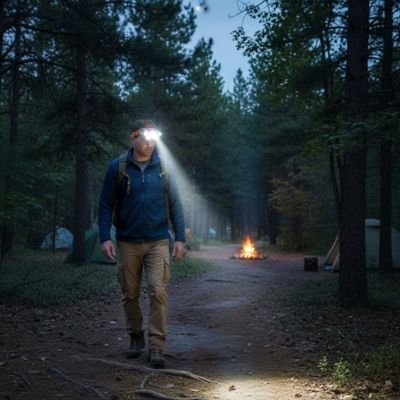 un homme s'éloigne du feu avec sa lampe frontale rechargeable longue autonomie.
