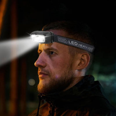 homme a barbe avec lampe frontale rechargeable simple 