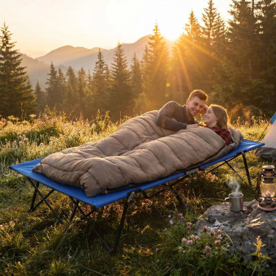 couple sac de couchage lit de camping coucher de soleil