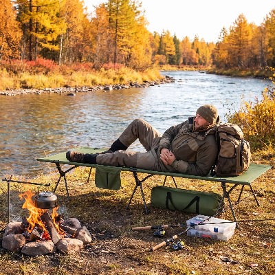 Près de riviere pecheur sur lit de camping robuste 150