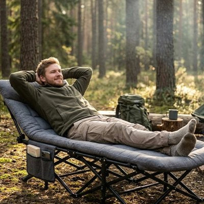 scene camping homme relaxant sur son lit de camping 